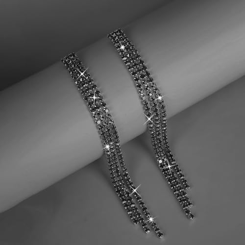 Sparkly Rhinestone Long Tassel Dangle Earrings Crystal Chandelier Dangle Drop Earrings Wedding Party Prom Earrings Jewelry for Women Gifts - color: Black