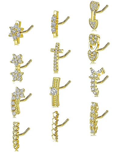 Akeoqi 6-12Pcs Nose Studs Nose Ring Inlaid Cubic Zirconia L Shaped Studs Lotus Star Heart Nose Nostril Piercing Jewelry for Women Men Sliver Gold Rose Gold Tone 20G - color: D: 12-Gold