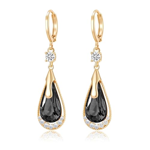 Trendy Austrian Crystal Teardrop Drop Huggie Dangle Earrings for Women 14k Rose Gold Plated Hypoallergenic Jewelry Gifts - color: Black