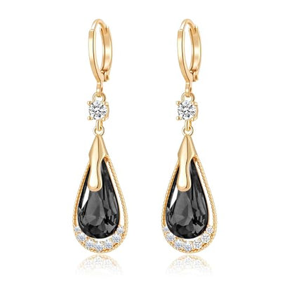 Trendy Austrian Crystal Teardrop Drop Huggie Dangle Earrings for Women 14k Rose Gold Plated Hypoallergenic Jewelry Gifts - color: Black