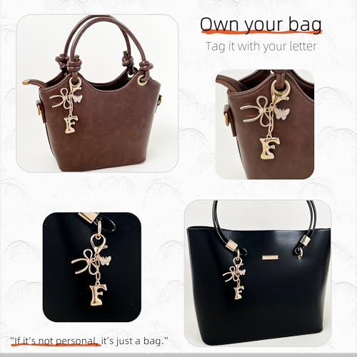 Gold Bubble Heart, Cherry, Bow & More Designs Letter Initial Keychain Bag Charms – Cute Purse Charms for Handbags - color: Bow & Butterfly, style: F