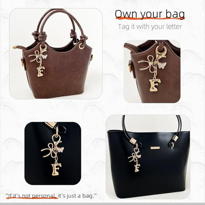 Gold Bubble Heart, Cherry, Bow & More Designs Letter Initial Keychain Bag Charms – Cute Purse Charms for Handbags - color: Bow & Butterfly, style: F