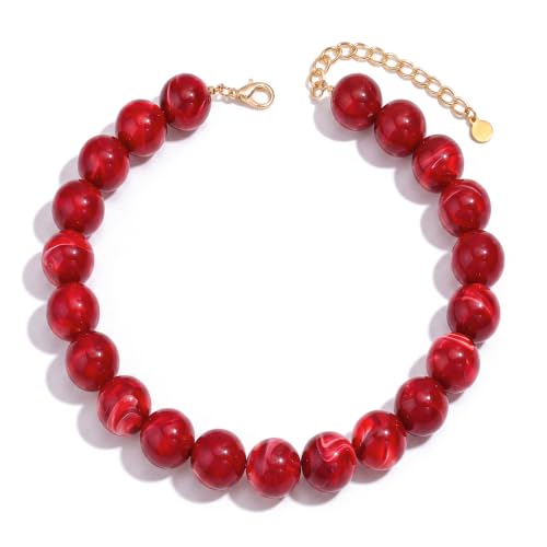 Chunky Beaded Necklace for Women Trendy Boho Collar Statement Necklace Large Round Resin Beads Choker Necklaces Summer Beach Jewelry Gifts - color: Red