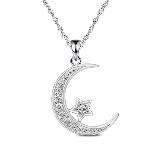 Sterling Silver Crescent Moon Star Necklace Cubic Zirconia Jewelry for Teen & Women Ladies Dainty 18" Chain - color: Crescent Moon