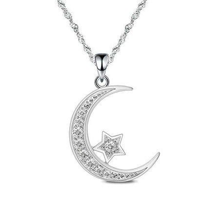 Sterling Silver Crescent Moon Star Necklace Cubic Zirconia Jewelry for Teen & Women Ladies Dainty 18" Chain - color: Crescent Moon