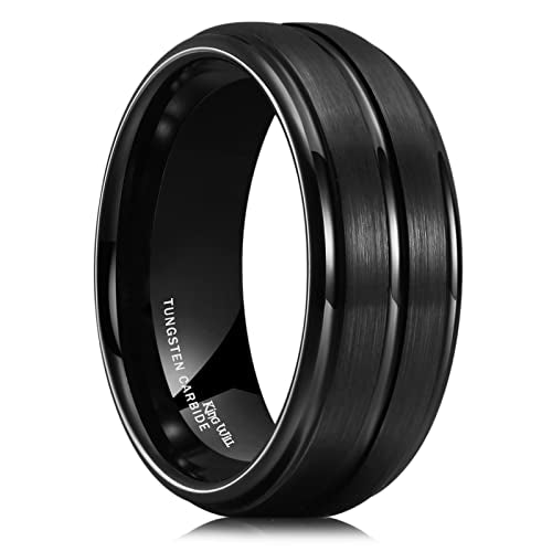 King Will Mens Tungsten Carbide Wedding Band with Groove Design | 6/7/8mm Width, Grooved, Comfort Fit, Everyday Wear - color: Black-8mm