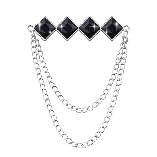 Gem Brooch Pins Hanging Chain Lapel Pin for Men Suits Metal Tassel Chain Collar Pins Suit Brooch Vintage Crystal Rhinestone Brooches for Men Wedding Business Prom Party - color: Black-J