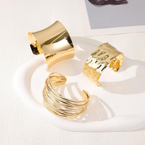 3PCS Chunky Cuff Bracelets for Women Irregular Minimalist Statement Bangle Bracelets Set Open Wide Wire Grooved Hammered Bangle Bracelet Gold Sliver Wrist Cuff Wrap Bracelet Adjustable - color: Gold Cuff Bracelets C