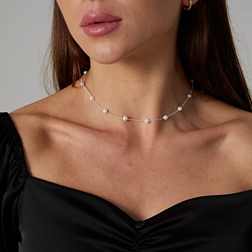 Dainty Pearl Pendant Necklaces for Women 14K Gold Plated Handmade Layered Pearl Chain Necklace Delicate Layered Pearl Necklace Everyday Jewelry Gift - color: Pearl Choker-Silver