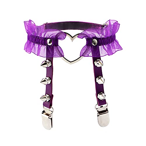 Eigso Velvet Gothic Garter for Women Heart Leg Ring with Rivets Elastic Lace Bracelets Choker Set - color: Purple