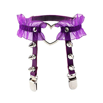 Eigso Velvet Gothic Garter for Women Heart Leg Ring with Rivets Elastic Lace Bracelets Choker Set - color: Purple