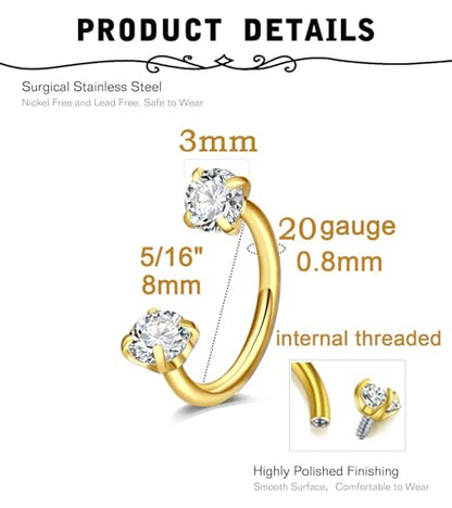 MODRSA 20g Nose Rings Hoops Nose Studs for Women Surgical Steel Hypoallergenic 20 Gauge Nostril Piercing Jewelry L Shape Crokscrew Silver Rose Gold Black Hoop Nostril Rings for Men - color: B12 - Horseshoe ring 20g - gold