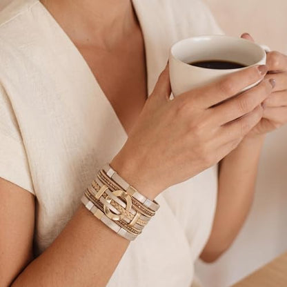 Edoneery Leather Wrap Bracelets for Women, Boho Layered Cuff Bangle | Gold circle, Multi-layer Leather Cuff, Daily wear, Stackable Bangle, Easy on-off, Western Jewelry Gifts for Women - color: Gold-3