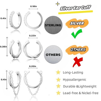 Gold Ear Cuffs Earrings for Women Non Piercing Clip on Cartilage Earrings | Trendy Gold Ear Cuff,Cartilage Clip on Earrings,Thin Huggie Hoop CZ Earring Set ,Fashion Jewelry,Non Tarnish,Gift - style: 3pc chain cz-sl