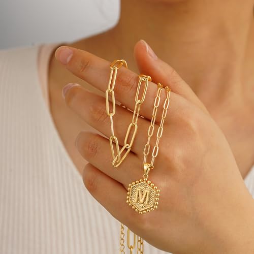 M MOOHAM Dainty Initial Necklaces for Women, 14K-Gold-Plated Layering Necklace for Women Cute Hexagon Letter Initial Necklace Layered Necklaces for Womens Teen Girl Gifts - color: 14K-Gold-Plated, style: D