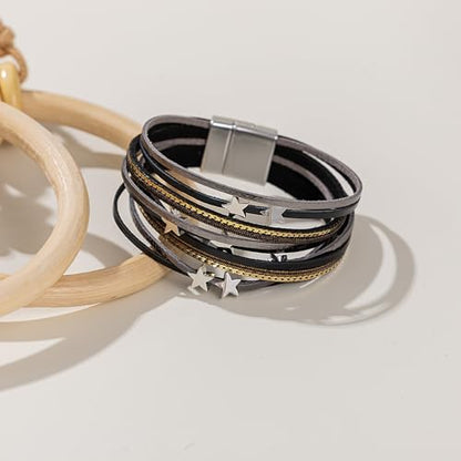 Boho Cute Star Leather Wrap Bracelets Stackable Western Chunky Jewelry | Bohemian Statement Layered Stack Magnetic Clasp Cuff Bangle Fashion Festival Hippie Cowgirl Country Outfits for Women Trendy - color: Black