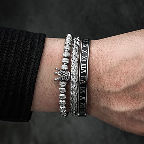 WFYOU 3PCS Stainless Steel Imperial Crown Bracelets for Men Gold Roman Numeral Bangle Bracelet Adjustable Cuff Bracelet Mens Luxury Jewelry Gifts - style: 02:Silver-Roman Numeral