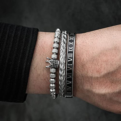 WFYOU 3PCS Stainless Steel Imperial Crown Bracelets for Men Gold Roman Numeral Bangle Bracelet Adjustable Cuff Bracelet Mens Luxury Jewelry Gifts - style: 02:Silver-Roman Numeral