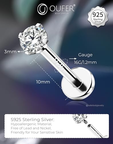 OUFER 925 Sterling Silver Flat Back Earrings, Clear CZ 16G Helix Piercing Jewelry, Silver Internally Threaded Cartilage Earrings Stud, Silver Lip Labret Rings for Women - color: Silver-3mm