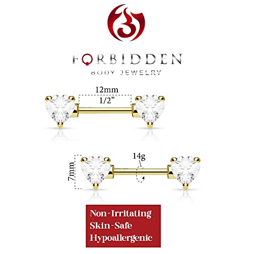 Forbidden Body Jewelry Pair of Surgical Steel 1/2-5/8 Inch (12-16mm) Cubic Zirconia Crystal Double Heart Nipple Barbells - style: Clear (Gold Tone)