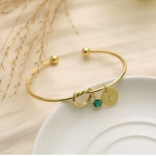 Initial Birthstone Gold Bracelets for Women Trendy 14K Gold Plated Letter A-Z Initial Charm Bracelet Tie the Love Knot Adjustable Cuff Bangle Birthstone Bracelets Birthday Bridesmaid Proposal Gifts - color: N