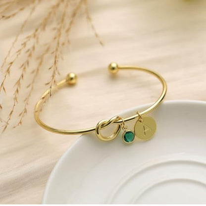 Initial Birthstone Gold Bracelets for Women Trendy 14K Gold Plated Letter A-Z Initial Charm Bracelet Tie the Love Knot Adjustable Cuff Bangle Birthstone Bracelets Birthday Bridesmaid Proposal Gifts - color: T