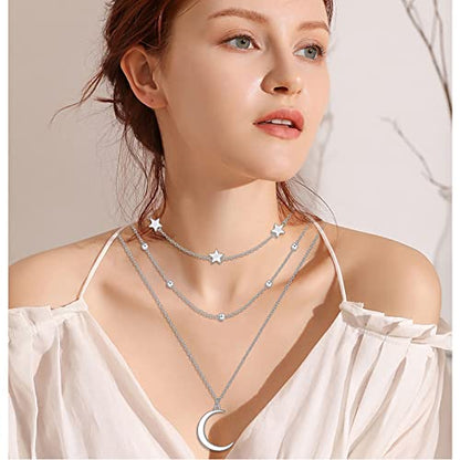 925 Sterling Silver Multilayer Layered Triple Long Chain Necklace for Women - style: Moon Star