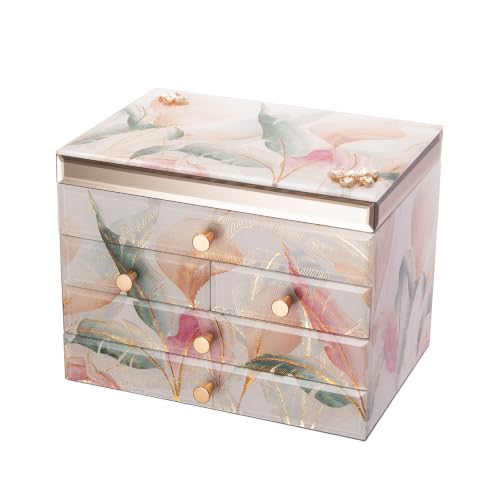 High End Glass Jewelry Box for Women, 4 Layer, Pink Floral | Large Jewelry Organizer with Mirror, Velvet-Lined Case, For Ring, Necklace, Earring, Bracelet Watches Storage, Gift for Her - color: Pink, size: 4 Layer(7.9"D x 11"W x 8.5"H)