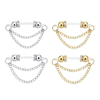 2 Pairs Non-Piercing Nipple Jewelry – Adjustable Silicone Rings with Silver & Gold Beads – Fake Nipple Piercing Look, Pain-Free Faux Nipple Rings for Unisex Adult Body Jewelry - color: Silver & Gold with Chains