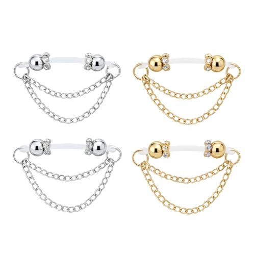 2 Pairs Non-Piercing Nipple Jewelry – Adjustable Silicone Rings with Silver & Gold Beads – Fake Nipple Piercing Look, Pain-Free Faux Nipple Rings for Unisex Adult Body Jewelry - color: Silver & Gold with Chains