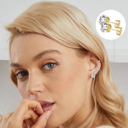 Gemsme 5 Pairs Princess Cut Cubic Zirconia Stud Earrings for Women/Men - 18K Gold Plated Hypoallergenic 3-7mm Square Clear CZ Earring Set - color: Yellow Gold-Round 6 Prong