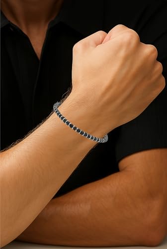 Beaded Bracelet for Men and Women – Natural Lava Gemstone Bracelet, Hematite and Stainless Steel – Adjustable, Durable and Elegant – Made in Italy - color: Black