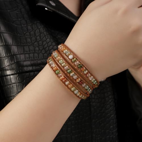 Artilady Leather Wrap Bracelet for Women, Pearl Beaded Bangle Stack Jewelry | Easy on-off, Elegant Handmade Multi-Layered, Daily Casual Date Beach Vacation, Gift for Ladies, Mother, Sister & Friend - style: Green bead