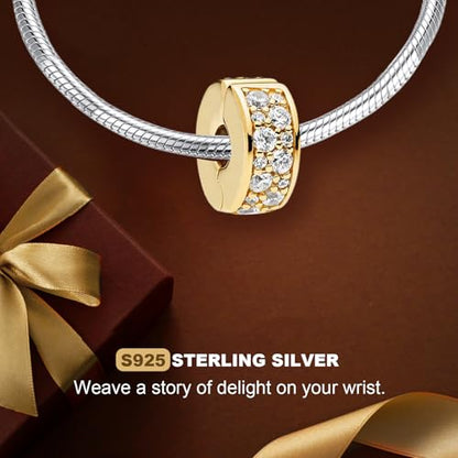 Annmors S925 Clip Spacer Safety Chain Stopper Charms for Pandora, Gift Mom Daughter Friend Sister Wife Grandma Girlfriend Fmaily On Christmas Mothers Valentines Halloween Graduation - color: B01-2pcs Gold Clear Pavé Clip Charms