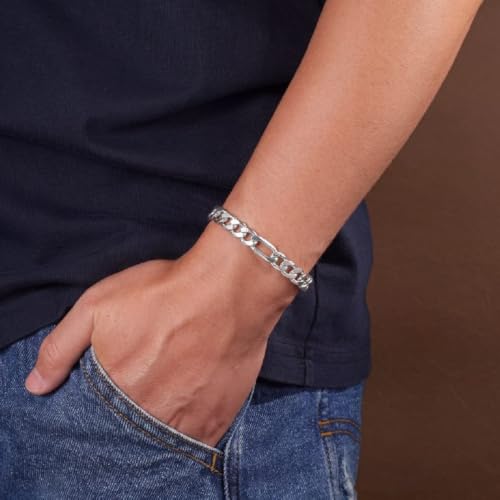 925 Sterling Silver Bracelet for Men Silver Jewelry | 5mm Diamond-Cut Figaro Chain Bracelet 6.5-8 inches Gifts for Men Father Husband - color: 8 inches