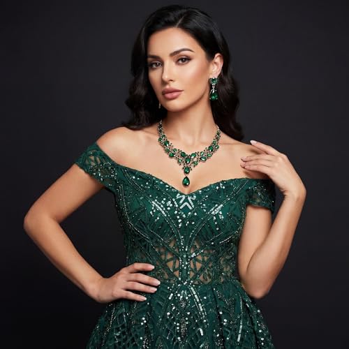 Hicarer Bridal Teardrop Cluster Crystal Jewelry Set for Women Necklace Earrings Wedding - color: Dark Green