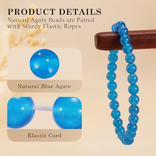 Agate Round Beaded Bracelet for Women Men Natural Agates Stone Healing Bracelets Stretch Elastic Handmade Polished Gemstone Beads Bracelet - color: Blue, size: 6mm Beads