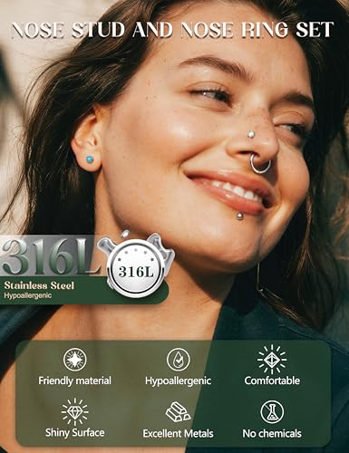 YADOCA 18Pairs Hypoallergenic Threadless Flat Back Earrings for Women 20G | Surgical Steel Push in Nose Stud Rings Labret Cartilage Lip Rings Medusa Nostril Conch Tragus Piercing Jewelry - color: B:Stud+Hoop, size: 20G-8MM