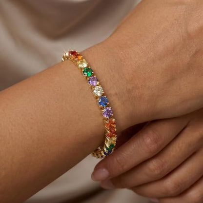 925 Sterling Silver Bracelets for Women Stack, Trendy Tennis Bangle Cuff Jewelry Set 14K Gold Plated, Adjustable Bracelet Set for Wrist Essentials, Women Fashion Watch Band Acecessories - style: SZ-TENNIS-rainbow4mm-gold