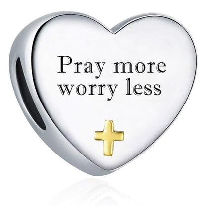 Cross Heart Charm for Pandora Bracelets Christian Bible Verse Charms Prayer Faith Religious Gifts for Women - style: Pray more worry less Matthew 6:34