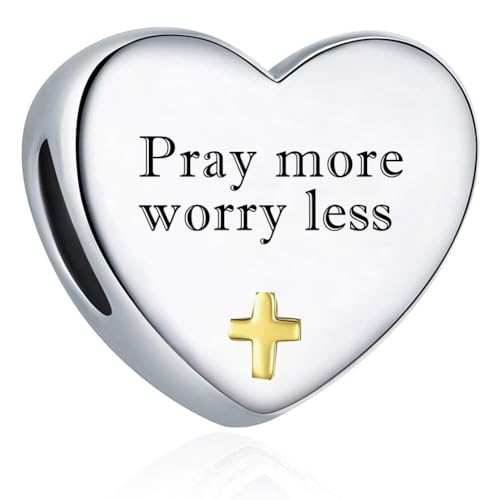 Cross Heart Charm for Pandora Bracelets Christian Bible Verse Charms Prayer Faith Religious Gifts for Women - style: Pray more worry less Matthew 6:34