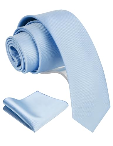 GUSLESON 2.4" Slim Necktie and Handkerchief Set For Men Solid Skinny Tie Set - color: Baby Blue