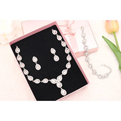 Austrian Crystal Rhinestone Necklace Dangle Earrings Link Bracelet Jewelry Set for Brides Bridesmaid Prom Costume Accessories for Women - color: White-Platinum Plated