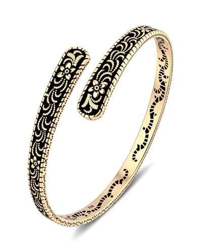 Vinatage 14K Gold Plated Cuff Bracelet - Boho Adjustable Cuff with Floral Pattern, Stackable Bracelet Bangle for Women