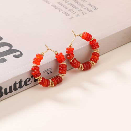 Wellike Beaded Hoop Earrings for Women Natural Stone Pink Gold Huggie Earrings Hypoallergenic Dainty Waterproof Trendy Jewelry - color: Red, size: 30mm