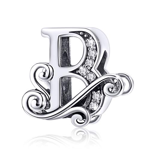 BISAER 925 Sterling Silver Initial Letter A-Z Charms for Bracelets Alphabet Beads Charm Jewelry Gifts - color: Letter B