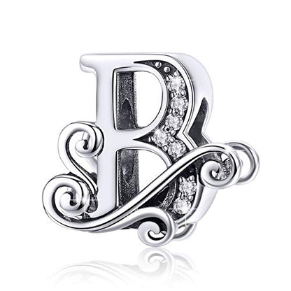 BISAER 925 Sterling Silver Initial Letter A-Z Charms for Bracelets Alphabet Beads Charm Jewelry Gifts - color: Letter B