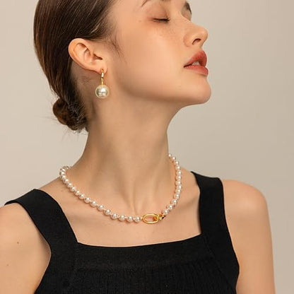 Pearl Necklace for Women Paperclip Chain Chunky Gold Necklace, Freshwater Cultured Pearls Trendy Link Chain 18K Gold Plated Dainty Pearl Choker - color: 8mm White Pearl Necklace