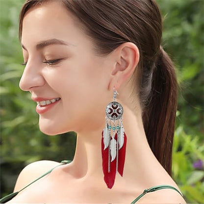 Dreuyet Boho Long Feather Drop Dangle Earrings for Women Retro Bohemian Ethnic Fringe Multicolor Tassel Feather Earring Handmade Statement Dream Catcher Earrings Jewelry - color: Red Round Heart