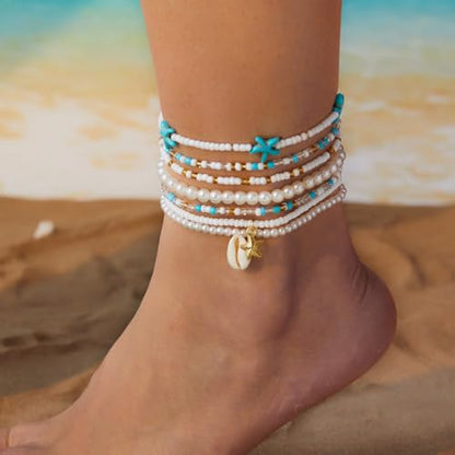 Beaded Starfish Mermaid Anklets Bracelet for Women Waterproof Starfish Shell Pearl Anklet Stackable Stretch Beaded Anklets Hawaiian Beach Jewelry Mermaid Costume Outfits Accessories - style: Rice Beads Starfish